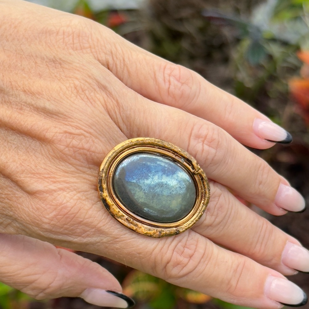 Vintage Gold Tone Oval Pyrite Ring Adjustable Band - Picture 3 of 4